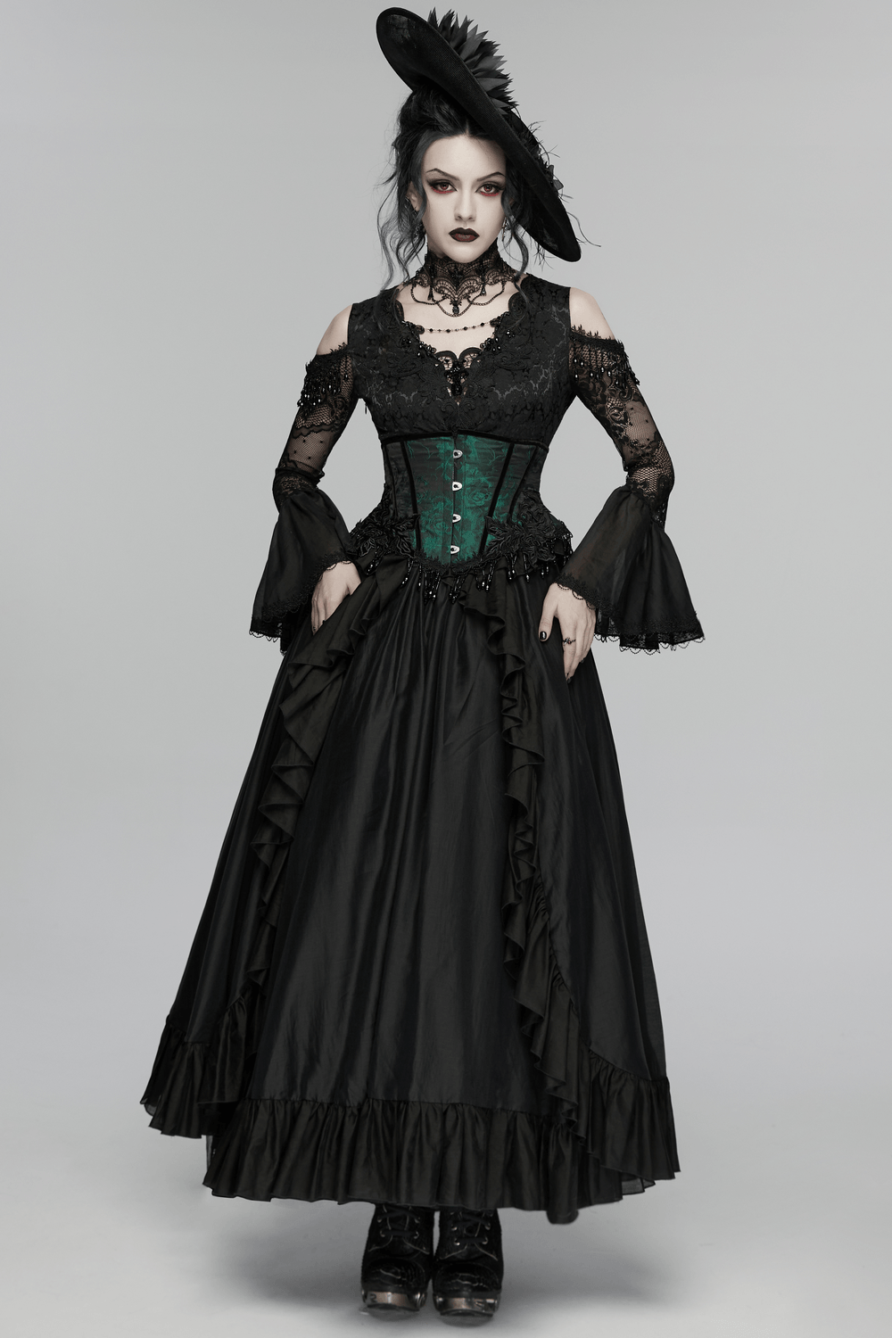 EU SALE of Black Gothic Lace Maxi Dress with Ruffle Sleeves
