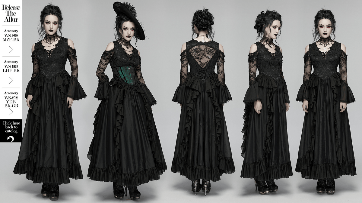 EU SALE of Black Gothic Lace Maxi Dress with Ruffle Sleeves