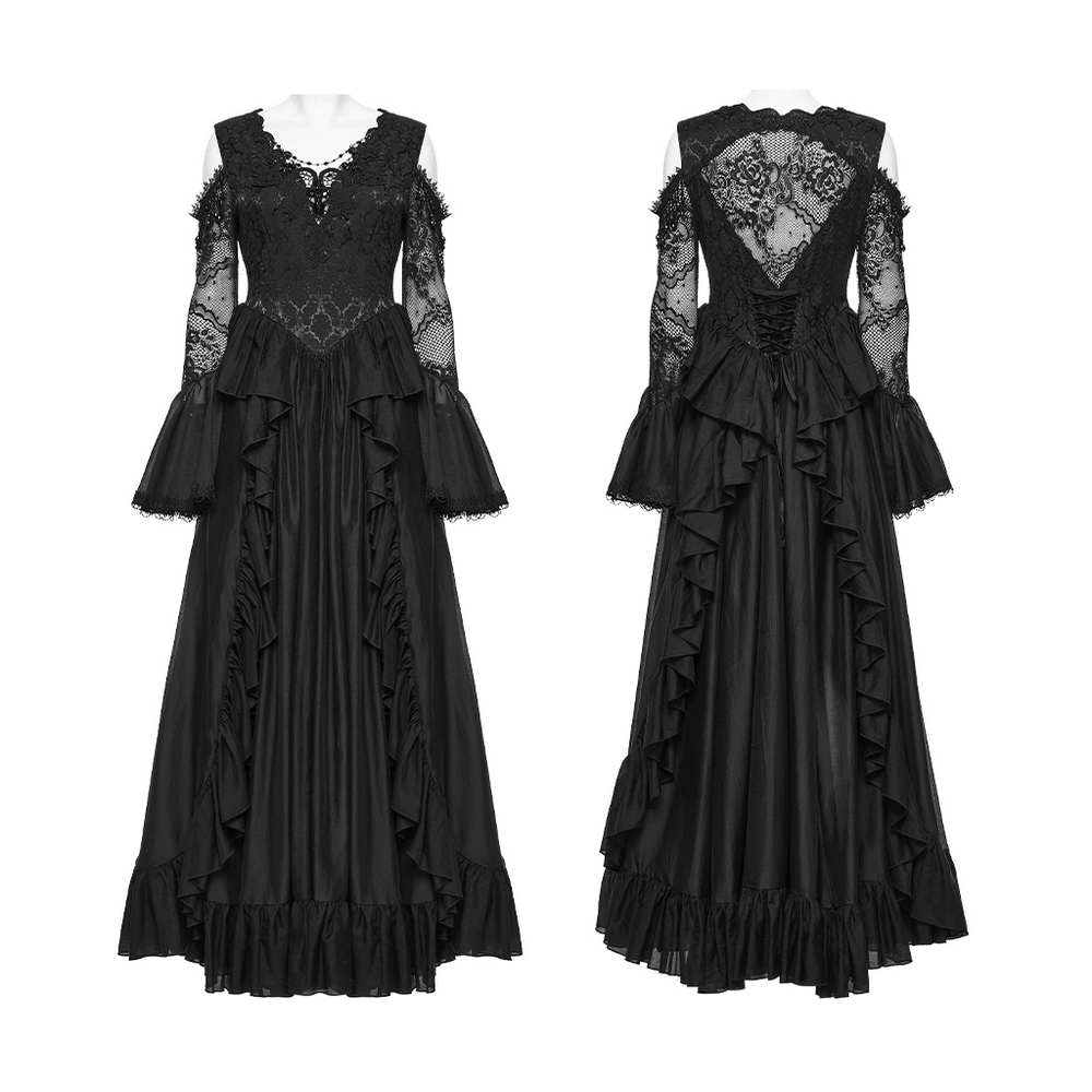 EU SALE of Black Gothic Lace Maxi Dress with Ruffle Sleeves