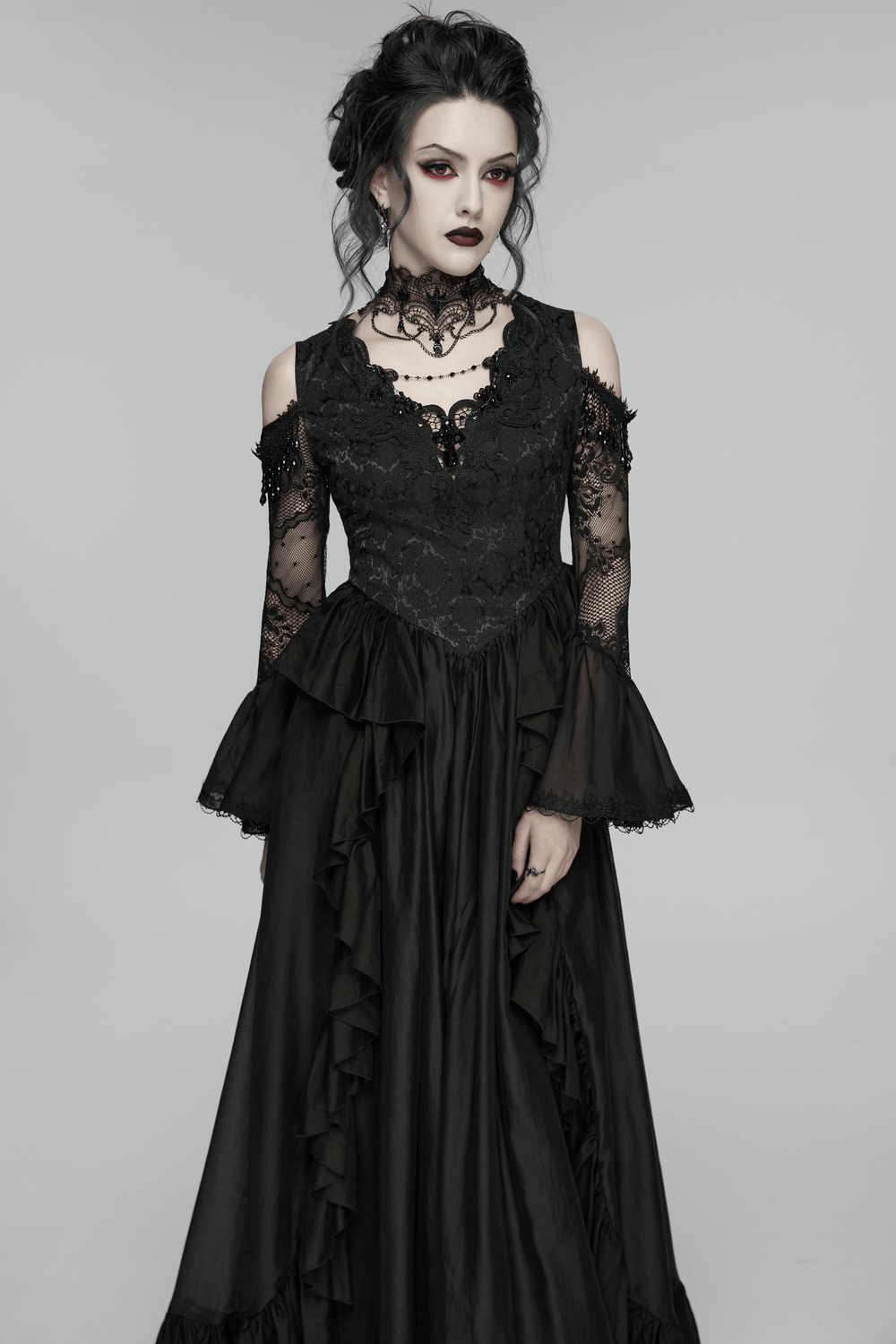 EU SALE of Black Gothic Lace Maxi Dress with Ruffle Sleeves