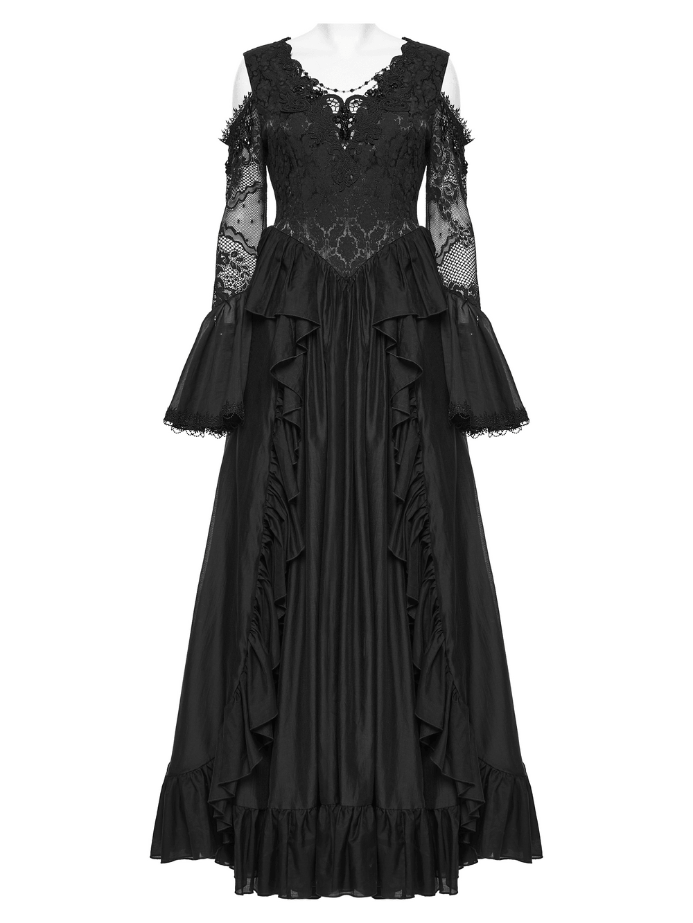 EU SALE of Black Gothic Lace Maxi Dress with Ruffle Sleeves