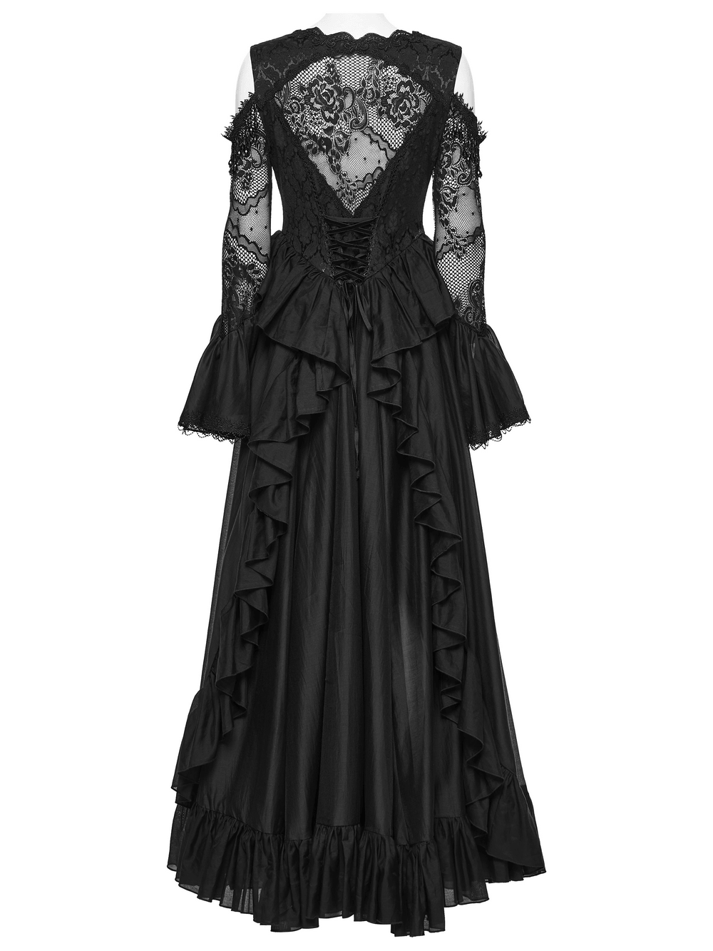EU SALE of Black Gothic Lace Maxi Dress with Ruffle Sleeves