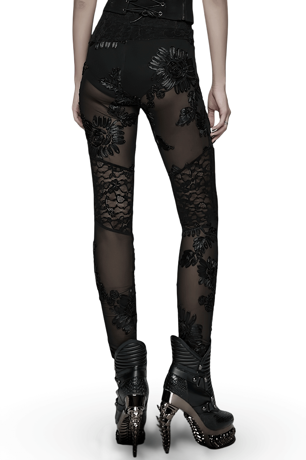 Black Gothic Lace Mesh Leggings with 3D Floral Design