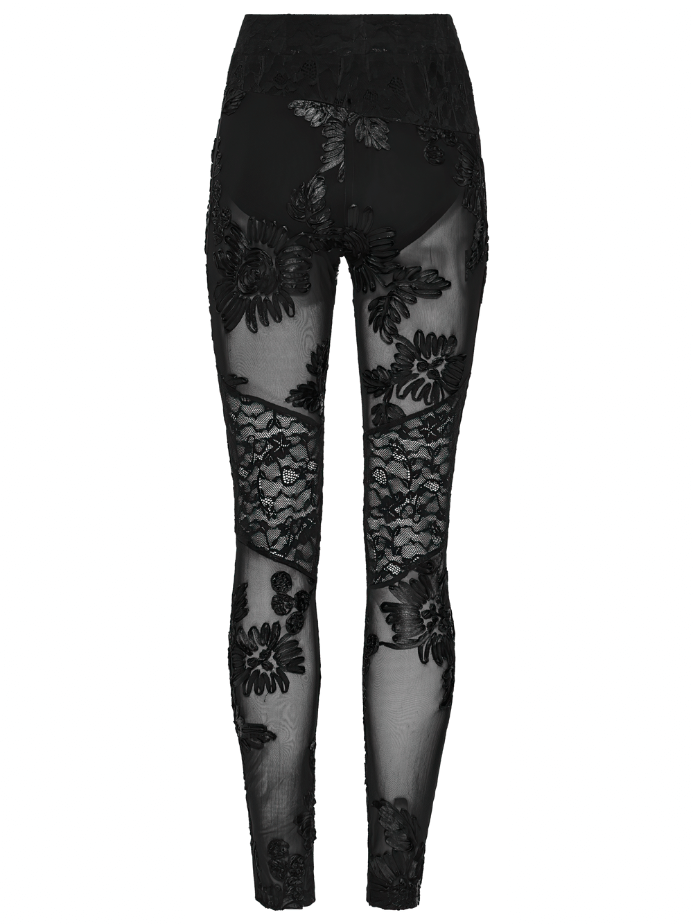 Black Gothic Lace Mesh Leggings with 3D Floral Design