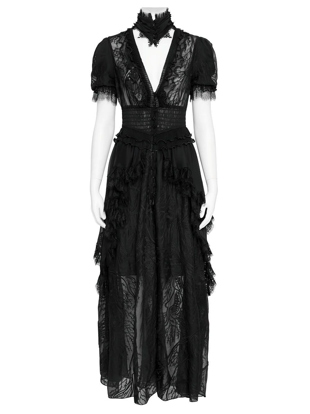 Black Gothic Lace Mesh Maxi Dress with Short Sleeves