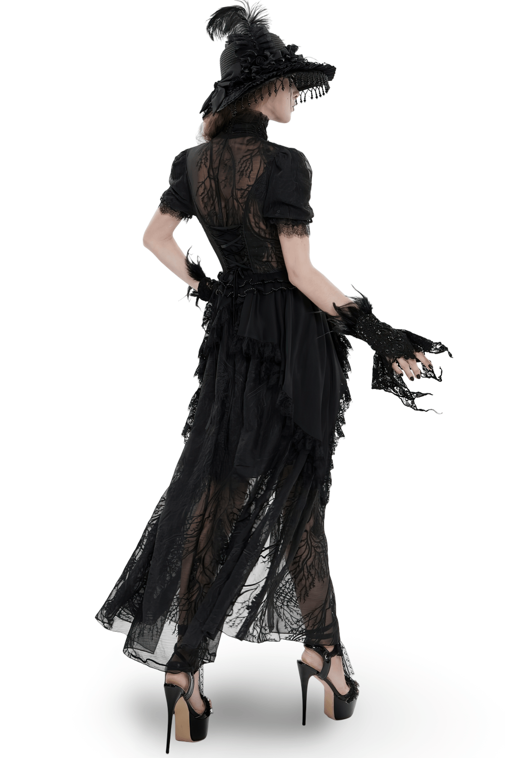 Black Gothic Lace Mesh Maxi Dress with Short Sleeves