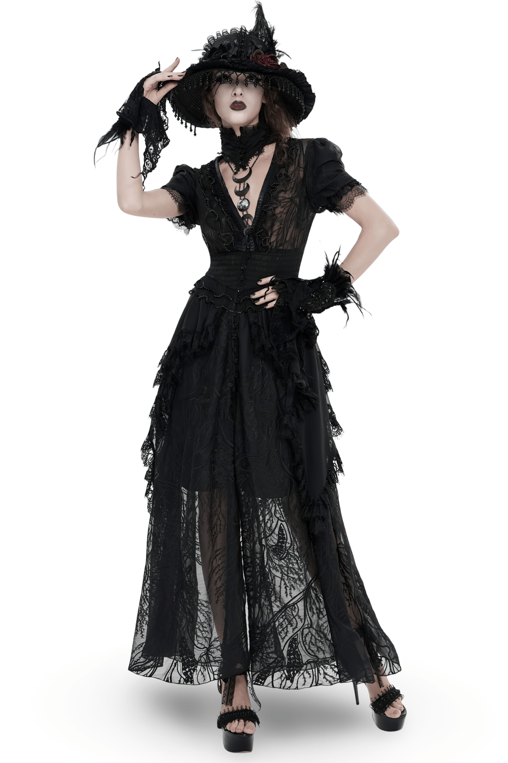 Black Gothic Lace Mesh Maxi Dress with Short Sleeves