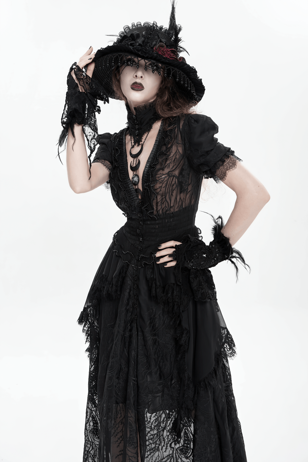 Black Gothic Lace Mesh Maxi Dress with Short Sleeves