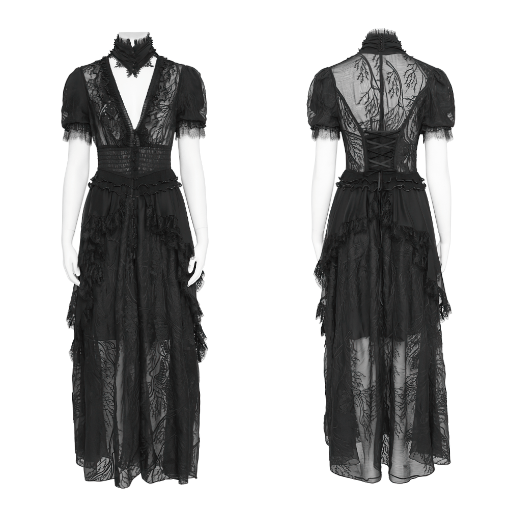 Black Gothic Lace Mesh Maxi Dress with Short Sleeves