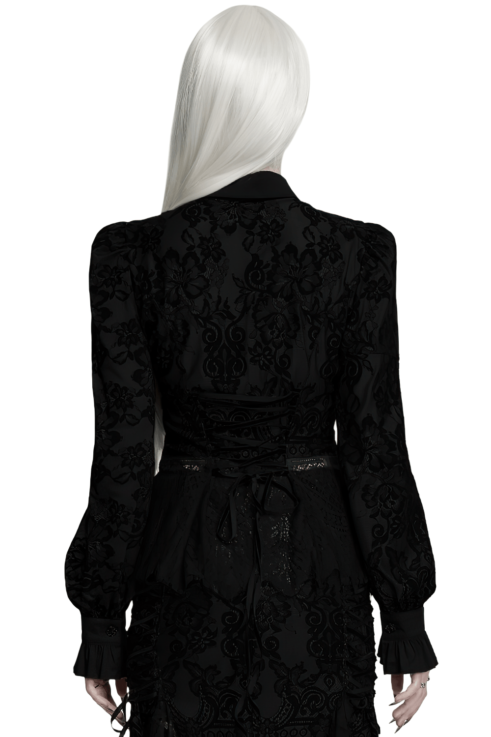 Black Gothic Lace Shirt with Corset Back and Ruffle Hem