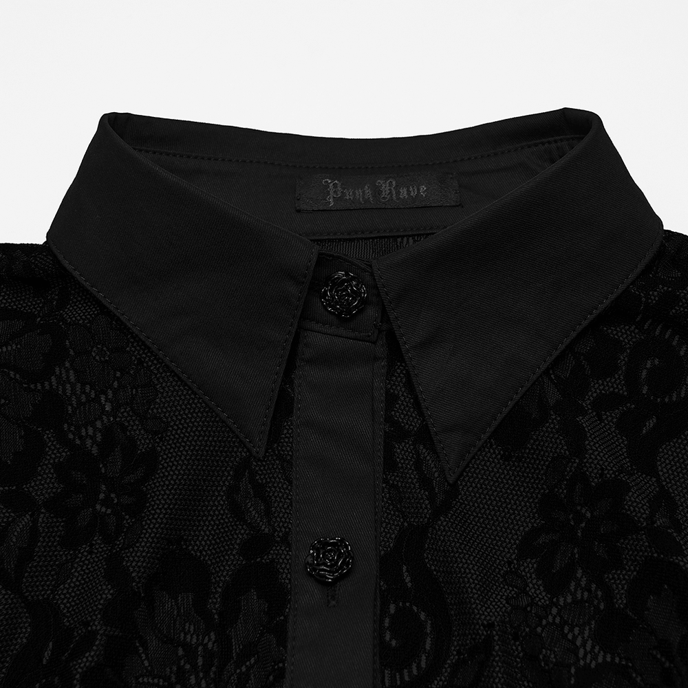 Black Gothic Lace Shirt with Corset Back and Ruffle Hem