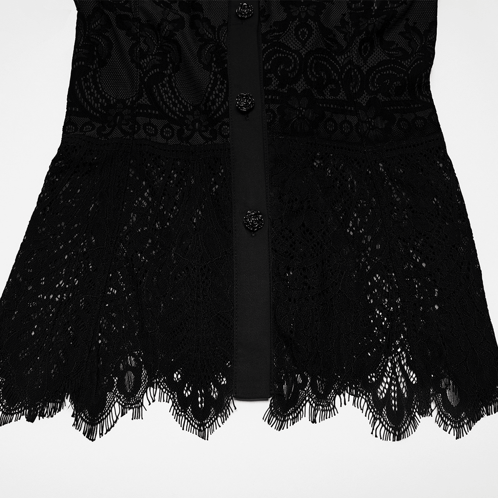 Black Gothic Lace Shirt with Corset Back and Ruffle Hem