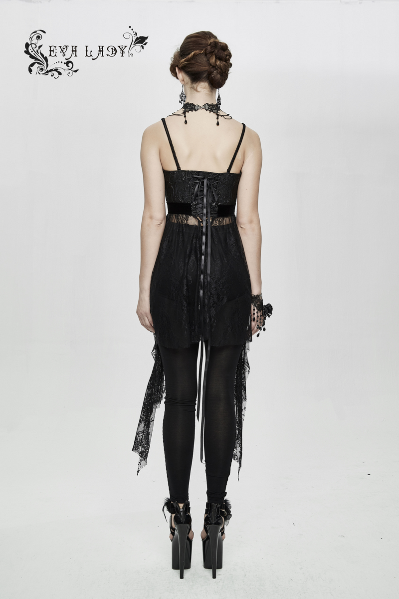 Black Gothic Lace Sleeveless Short Irregular Dress / Women's Black Dress With Red Beading