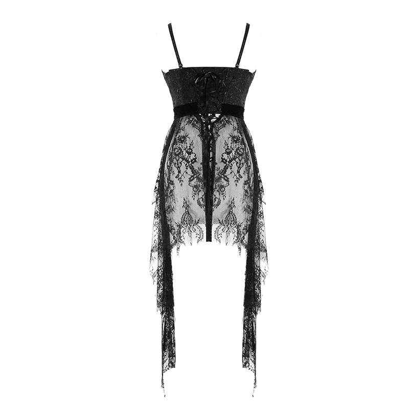 Black Gothic Lace Sleeveless Short Irregular Dress / Women's Black Dress With Red Beading