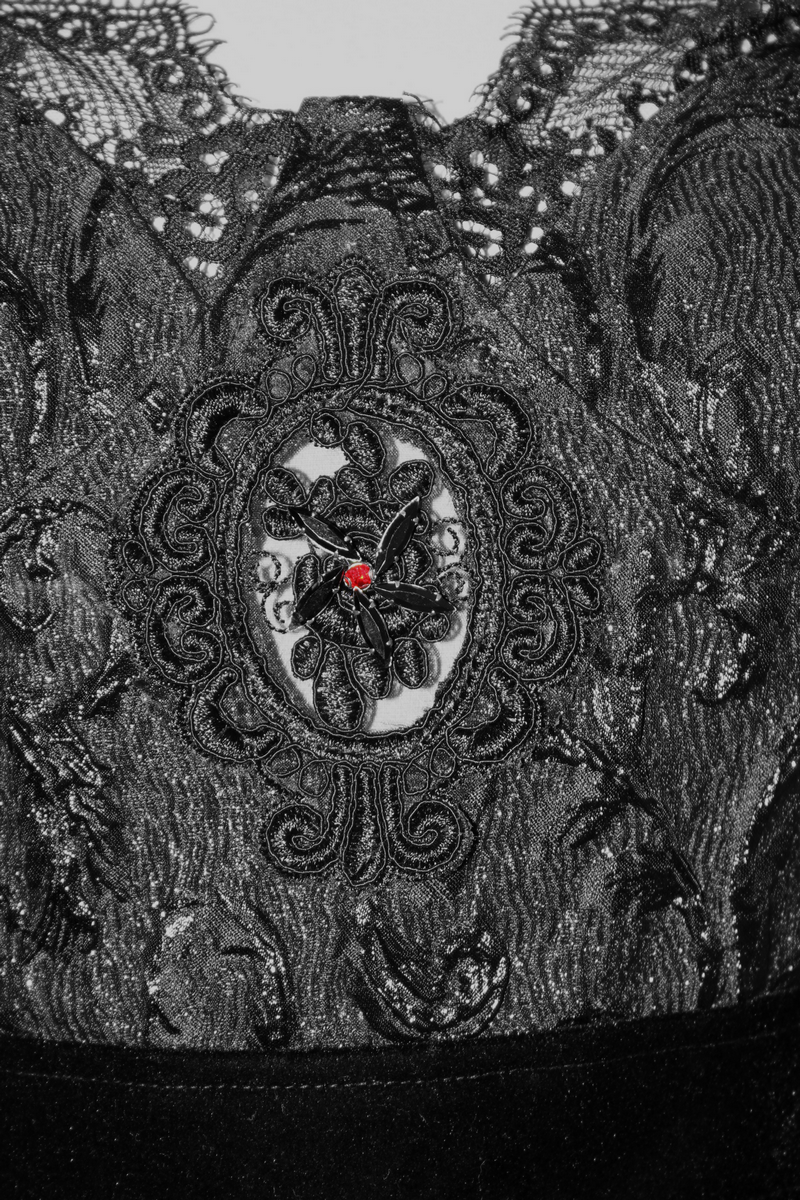Black Gothic Lace Sleeveless Short Irregular Dress / Women's Black Dress With Red Beading