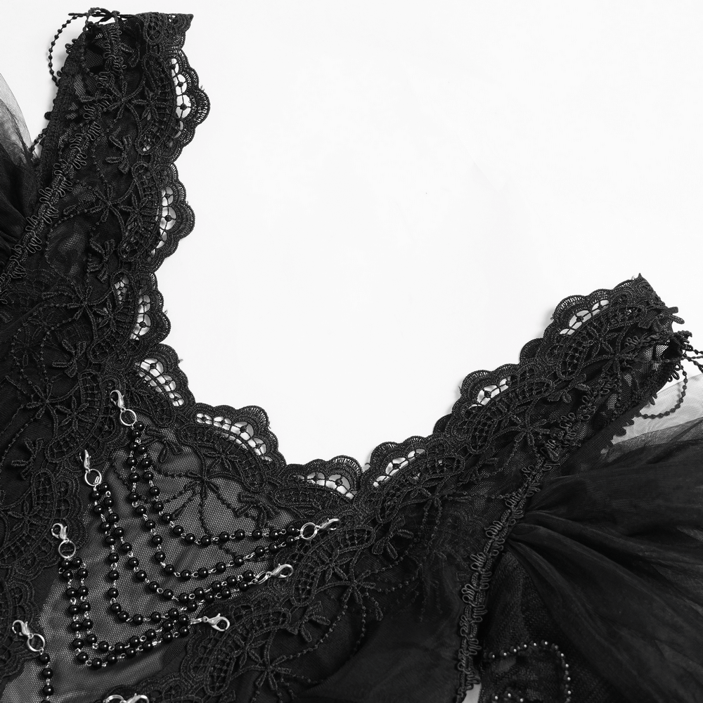 Black Gothic Lace-Up Dress with Ruffled Tulle and Roses