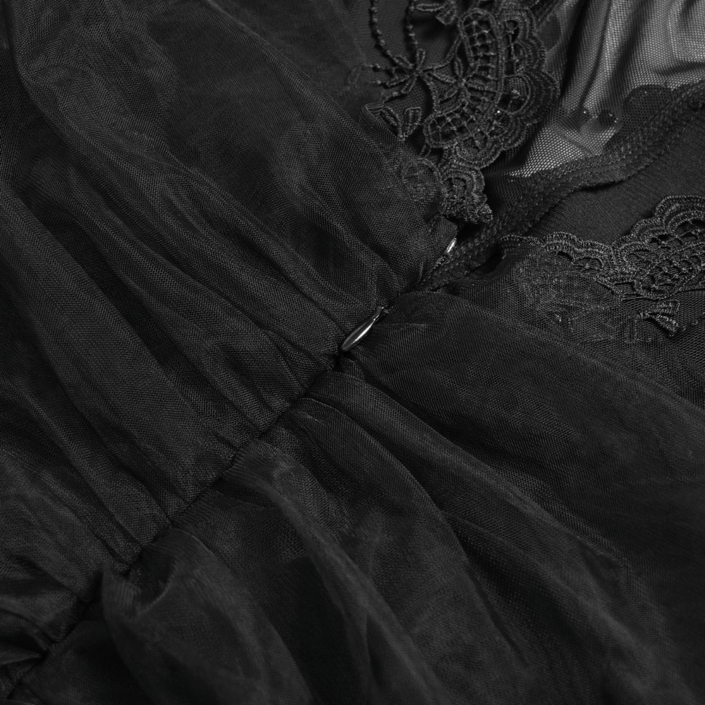 Black Gothic Lace-Up Dress with Ruffled Tulle and Roses