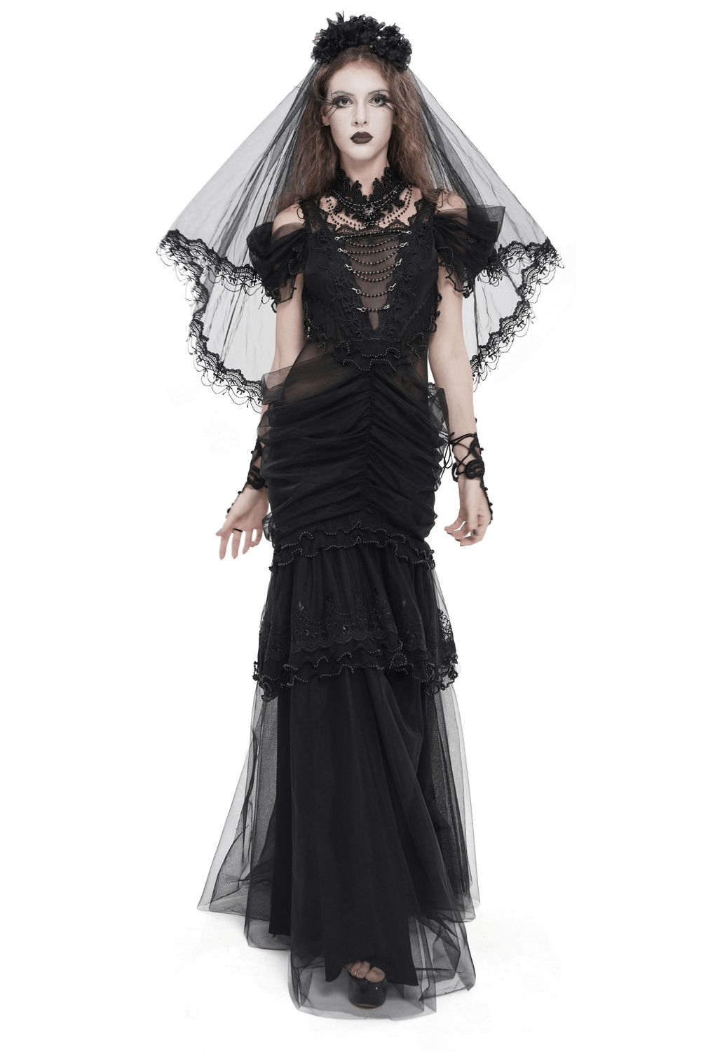 Black Gothic Lace-Up Dress with Ruffled Tulle and Roses