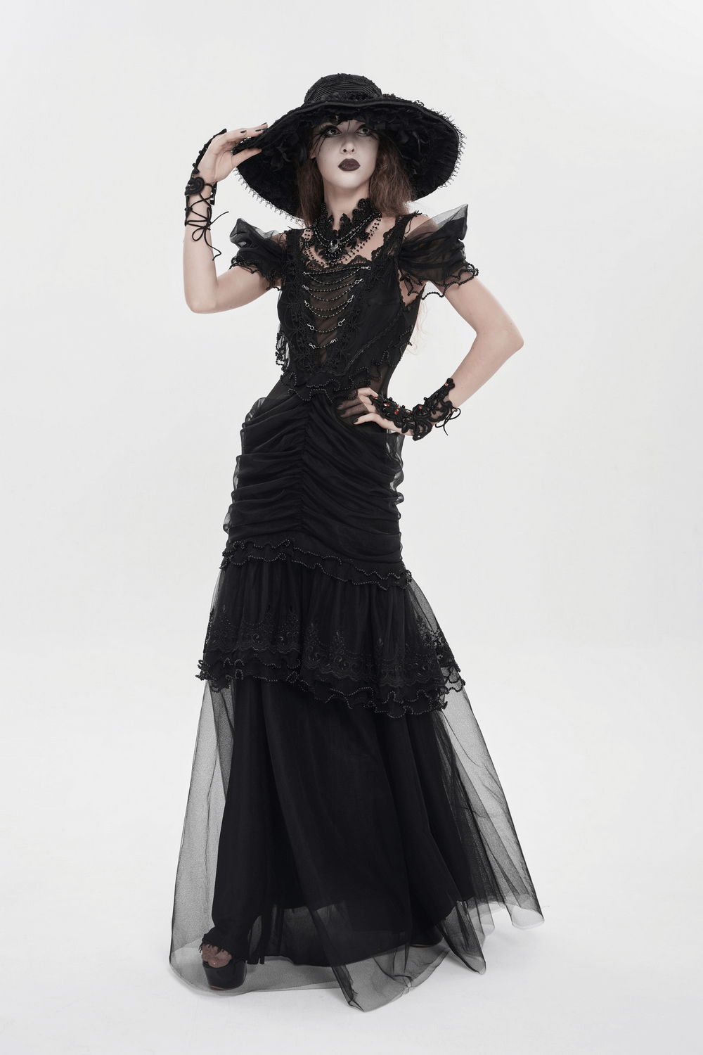 Black Gothic Lace-Up Dress with Ruffled Tulle and Roses
