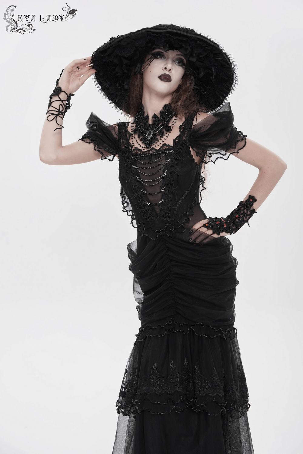 Black Gothic Lace-Up Dress with Ruffled Tulle and Roses
