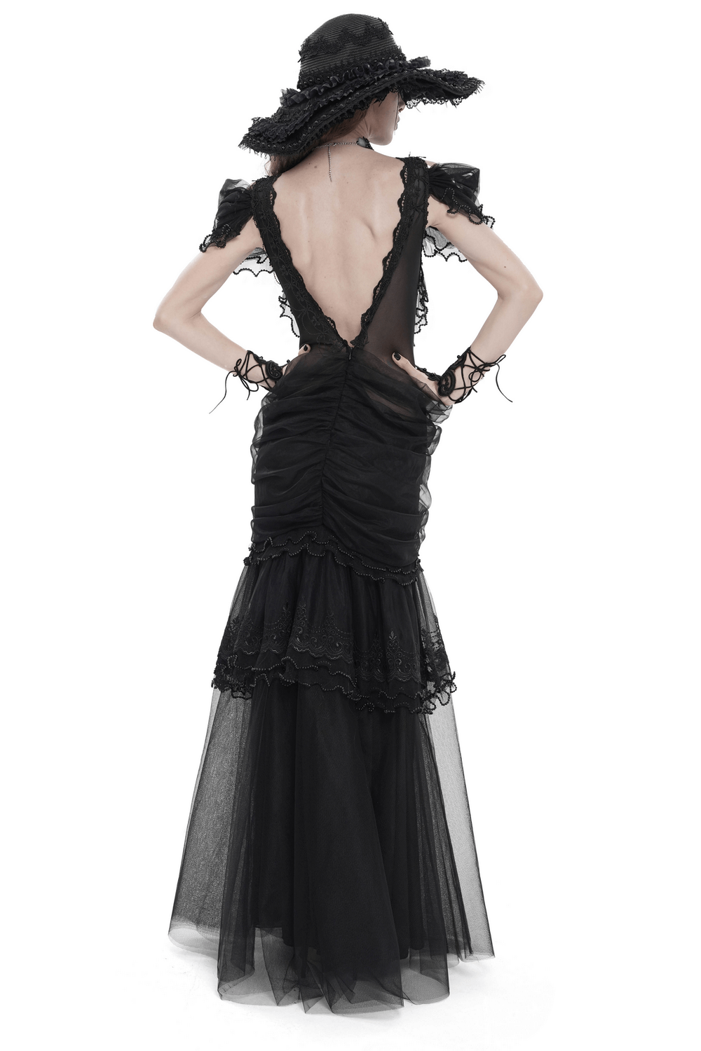Black Gothic Lace-Up Dress with Ruffled Tulle and Roses