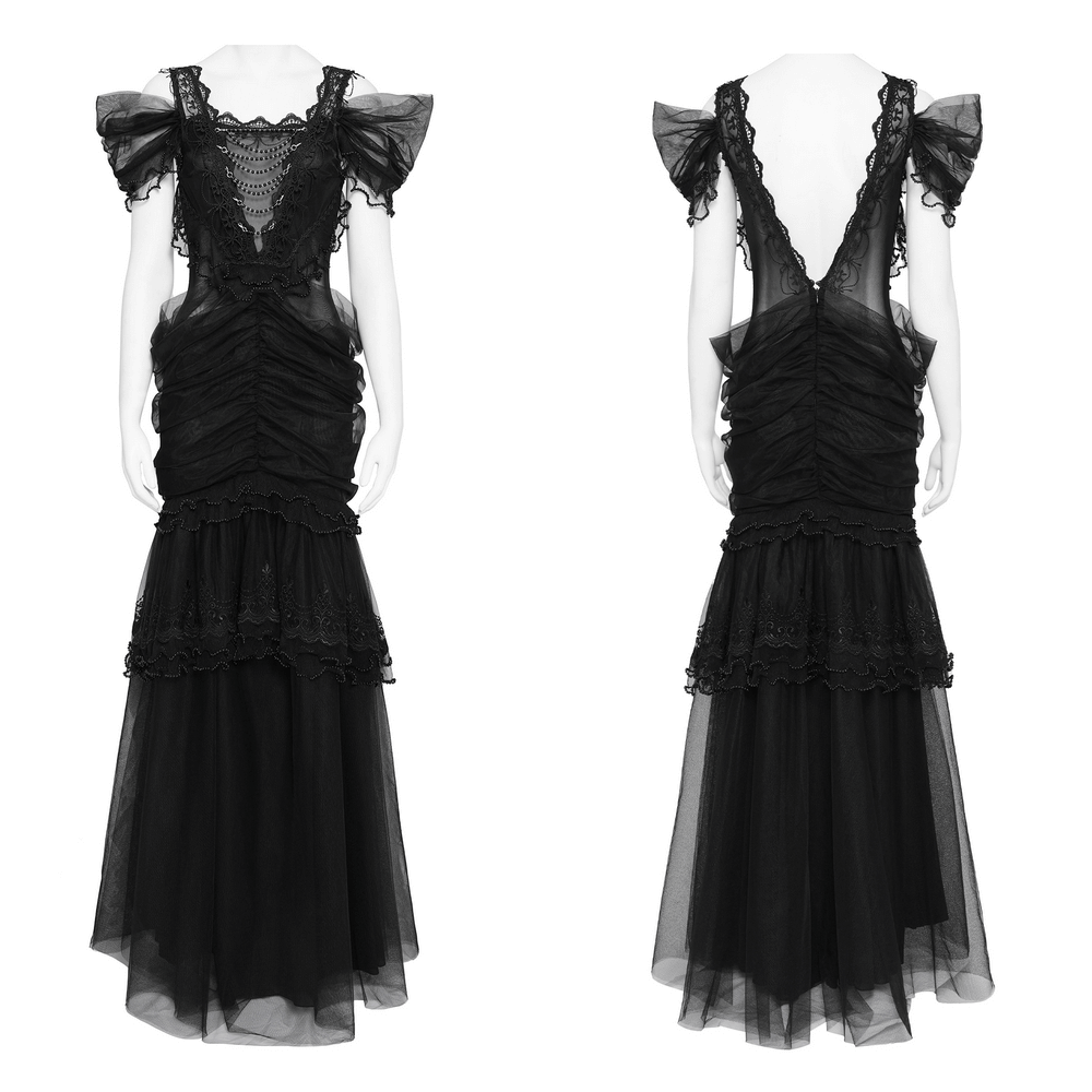 Black Gothic Lace-Up Dress with Ruffled Tulle and Roses