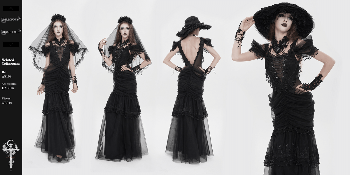 Black Gothic Lace-Up Dress with Ruffled Tulle and Roses