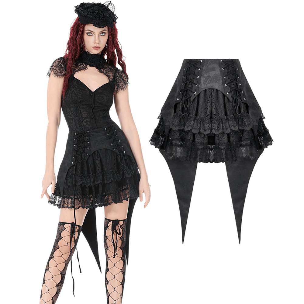 Black Gothic Lace-Up Layered High Low Bustle Skirt