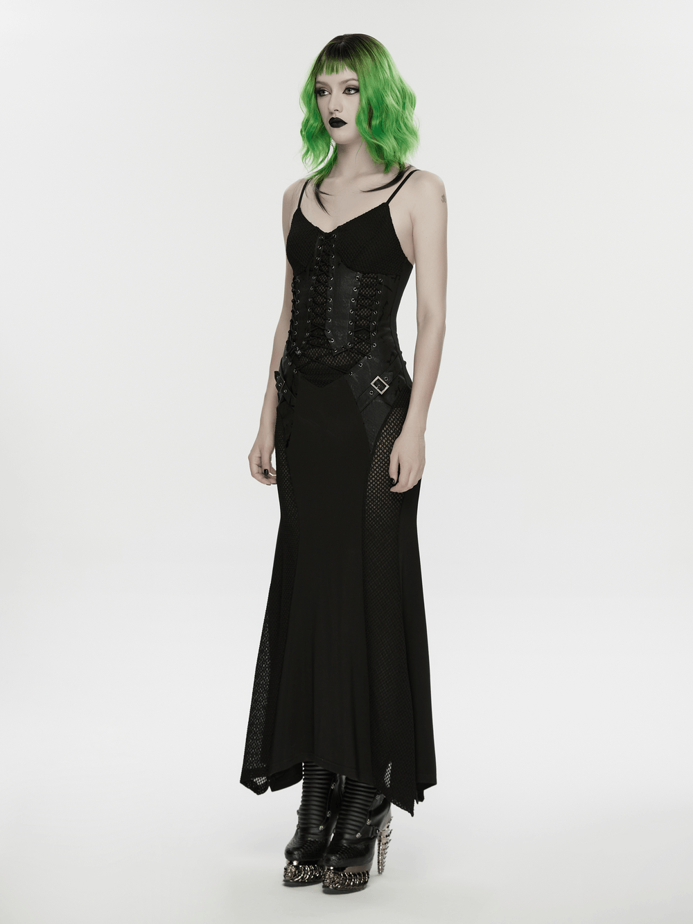 Black Gothic Lace-Up Mermaid Fishnet Maxi Dress