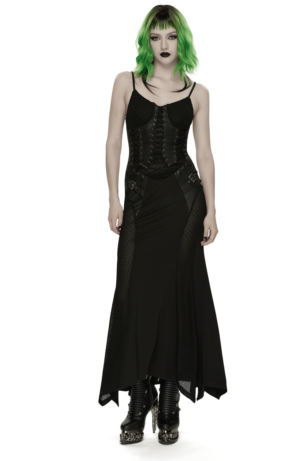 Black Gothic Lace-Up Mermaid Fishnet Maxi Dress