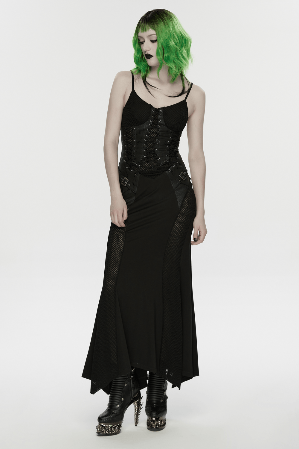 Black Gothic Lace-Up Mermaid Fishnet Maxi Dress