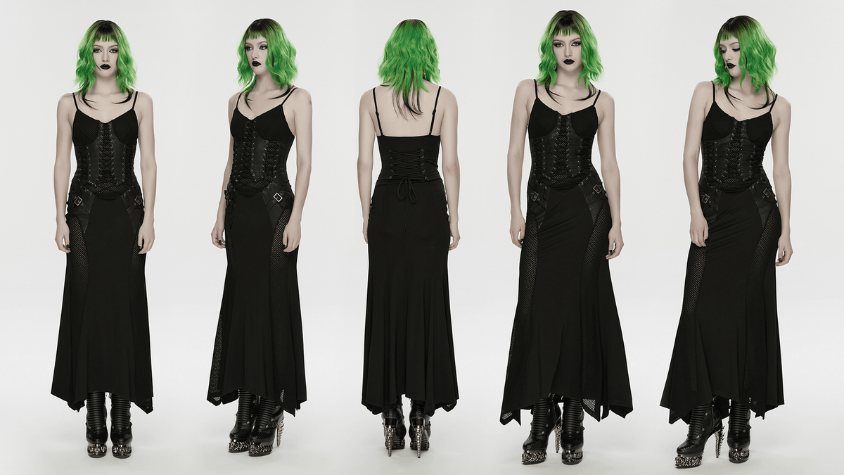 Black Gothic Lace-Up Mermaid Fishnet Maxi Dress