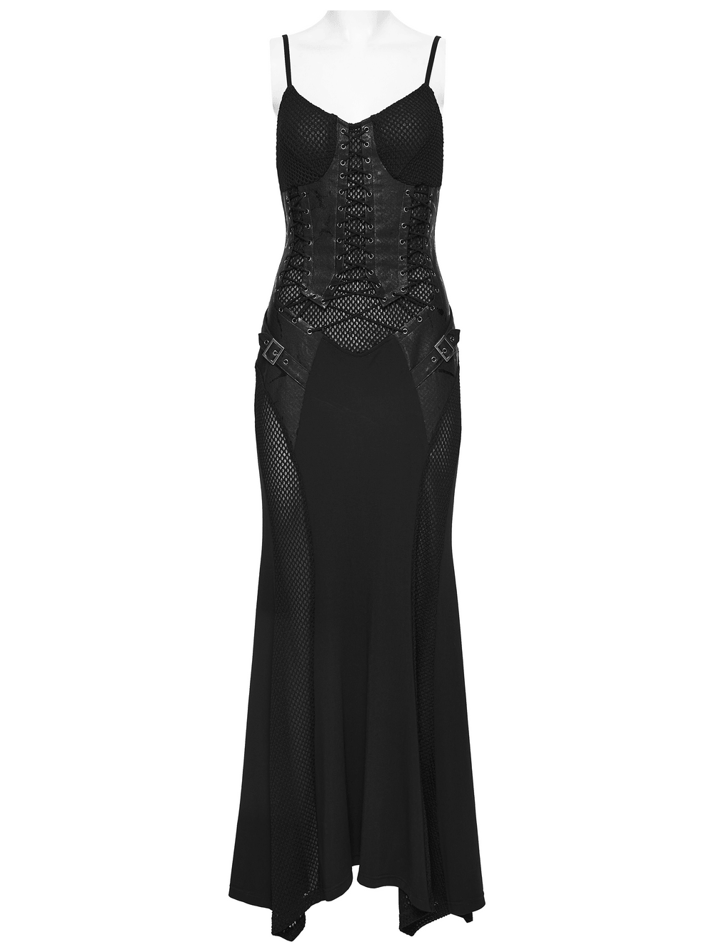 Black Gothic Lace-Up Mermaid Fishnet Maxi Dress
