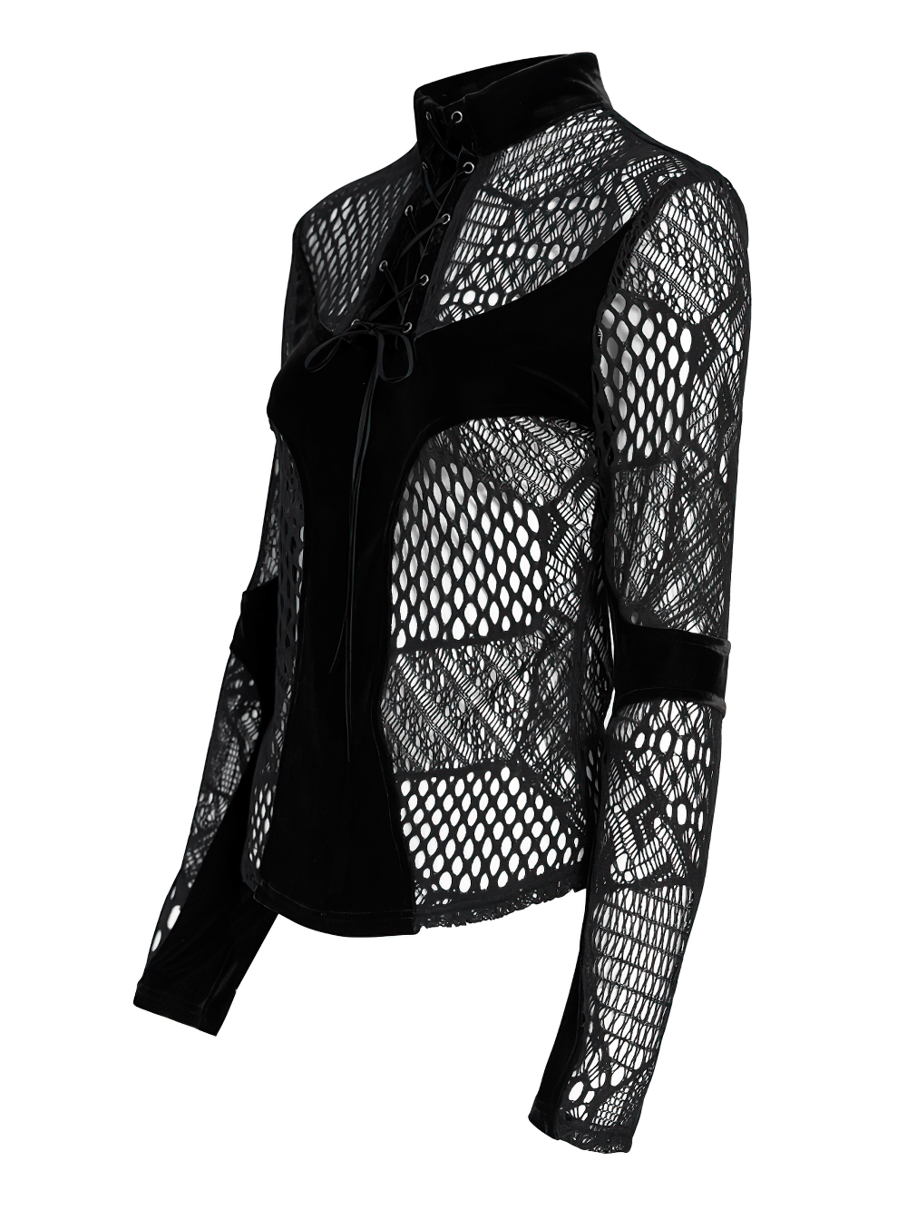 Black Gothic Lace-Up Mesh Top with Velvet Panels