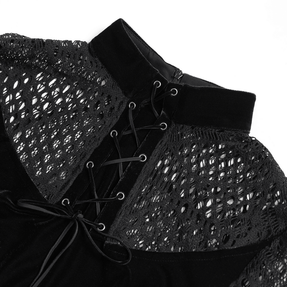 Black Gothic Lace-Up Mesh Top with Velvet Panels