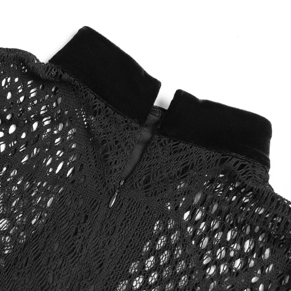 Black Gothic Lace-Up Mesh Top with Velvet Panels