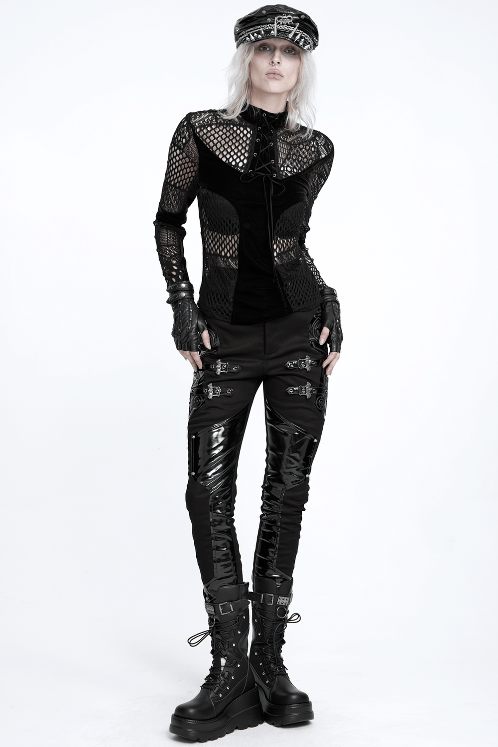 Black Gothic Lace-Up Mesh Top with Velvet Panels
