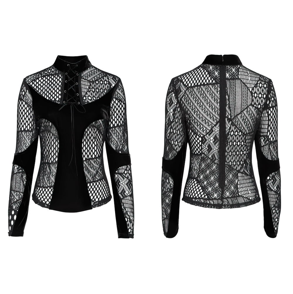 Black Gothic Lace-Up Mesh Top with Velvet Panels
