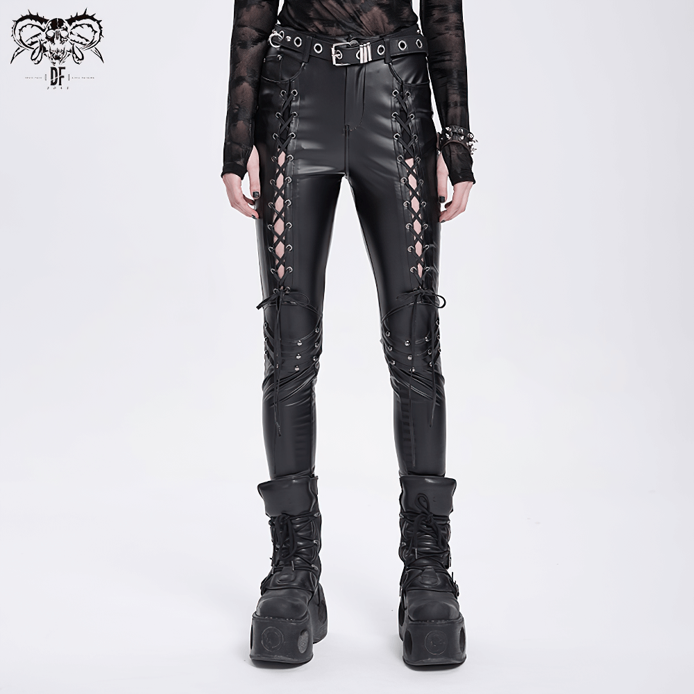 Black Gothic Lace-Up Pants with Grommet Details and Ties