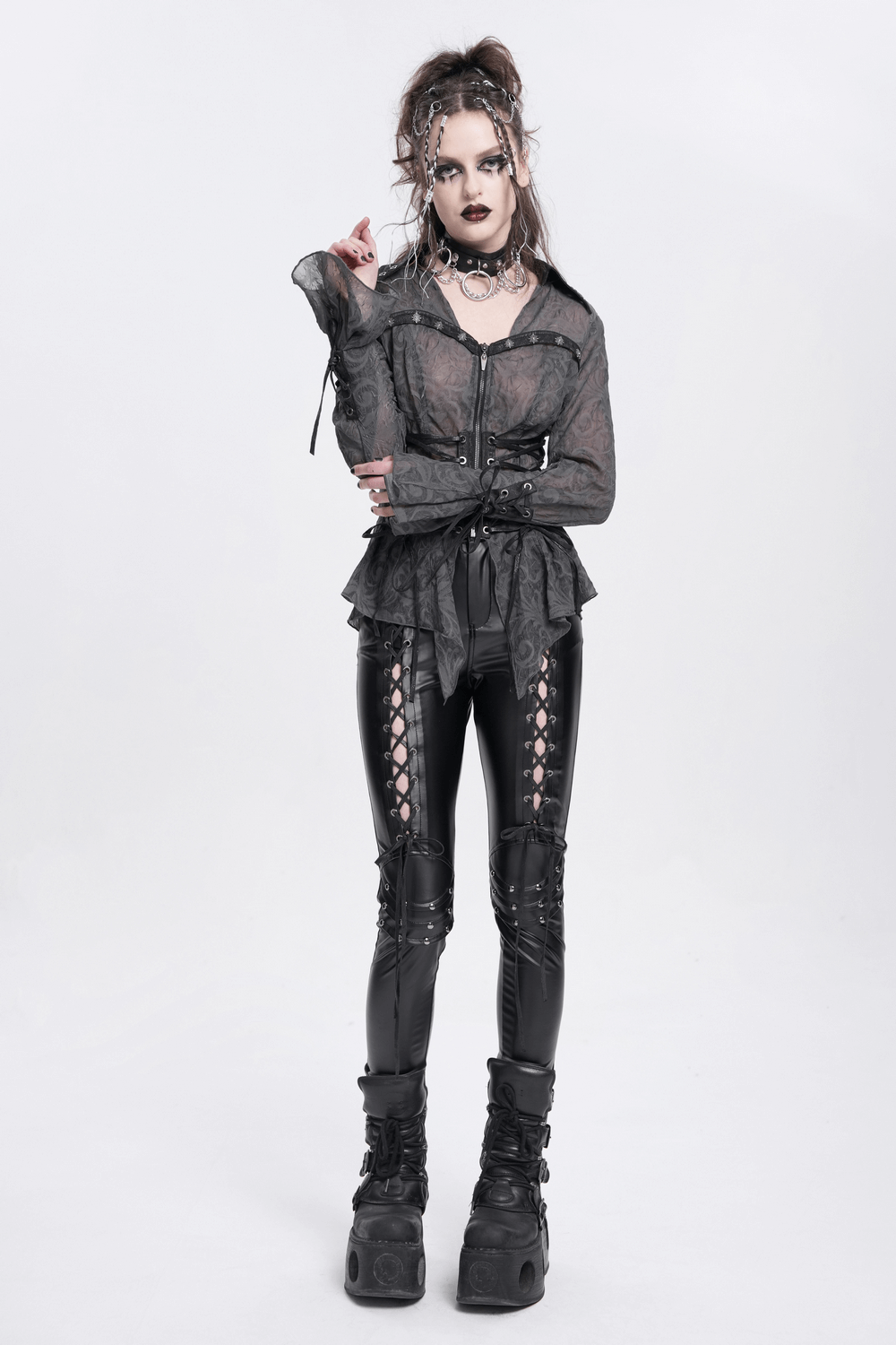 Black Gothic Lace-Up Pants with Grommet Details and Ties