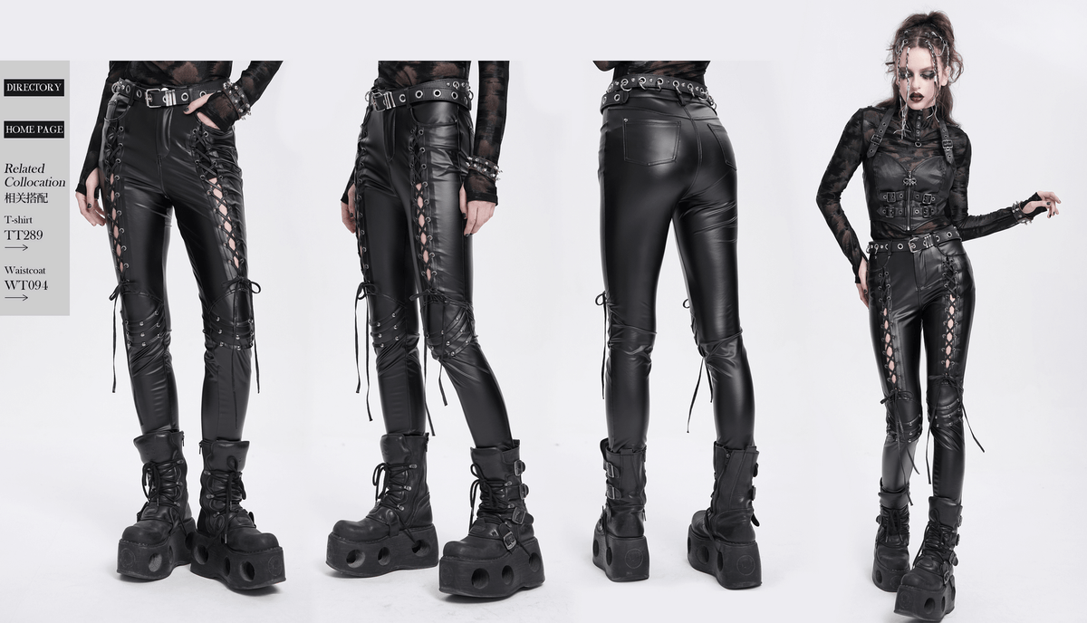 Black Gothic Lace-Up Pants with Grommet Details and Ties