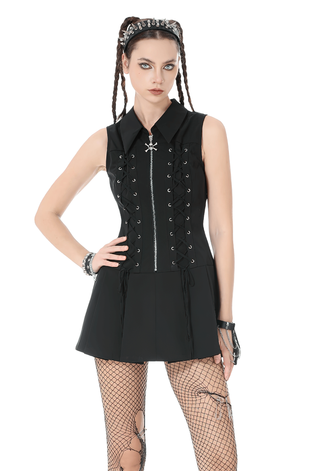 Black Gothic Lace Up Zip Front Pleated Mini Dress