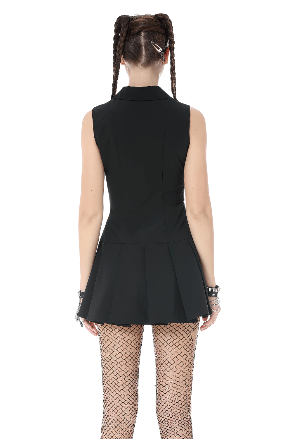 Black Gothic Lace Up Zip Front Pleated Mini Dress