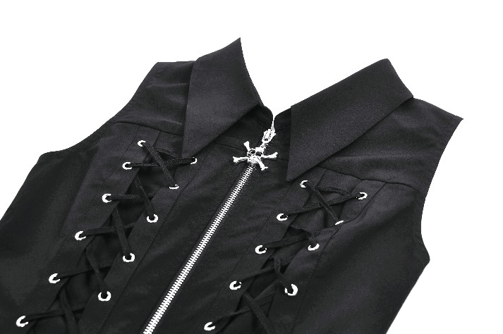 Black Gothic Lace Up Zip Front Pleated Mini Dress
