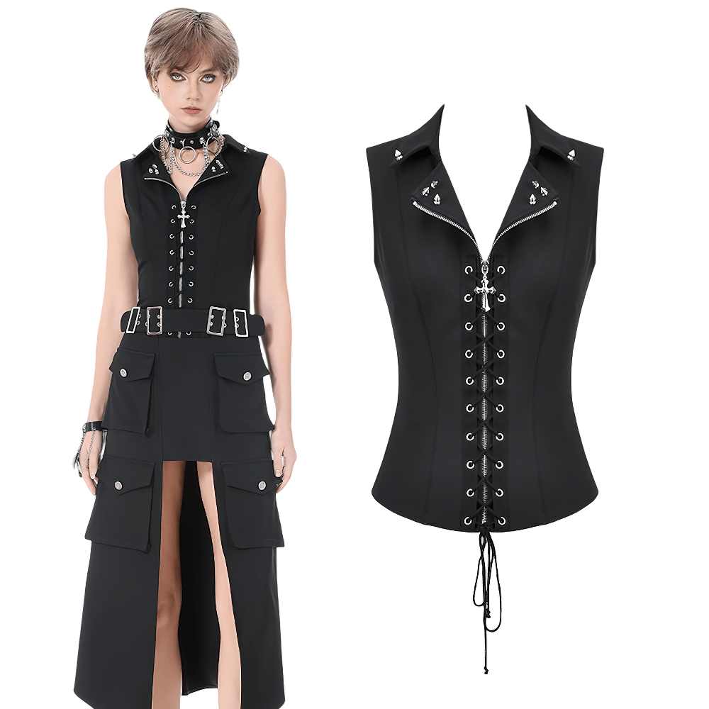 Black Gothic Lace-Up Zipper Vest with Stud Collar
