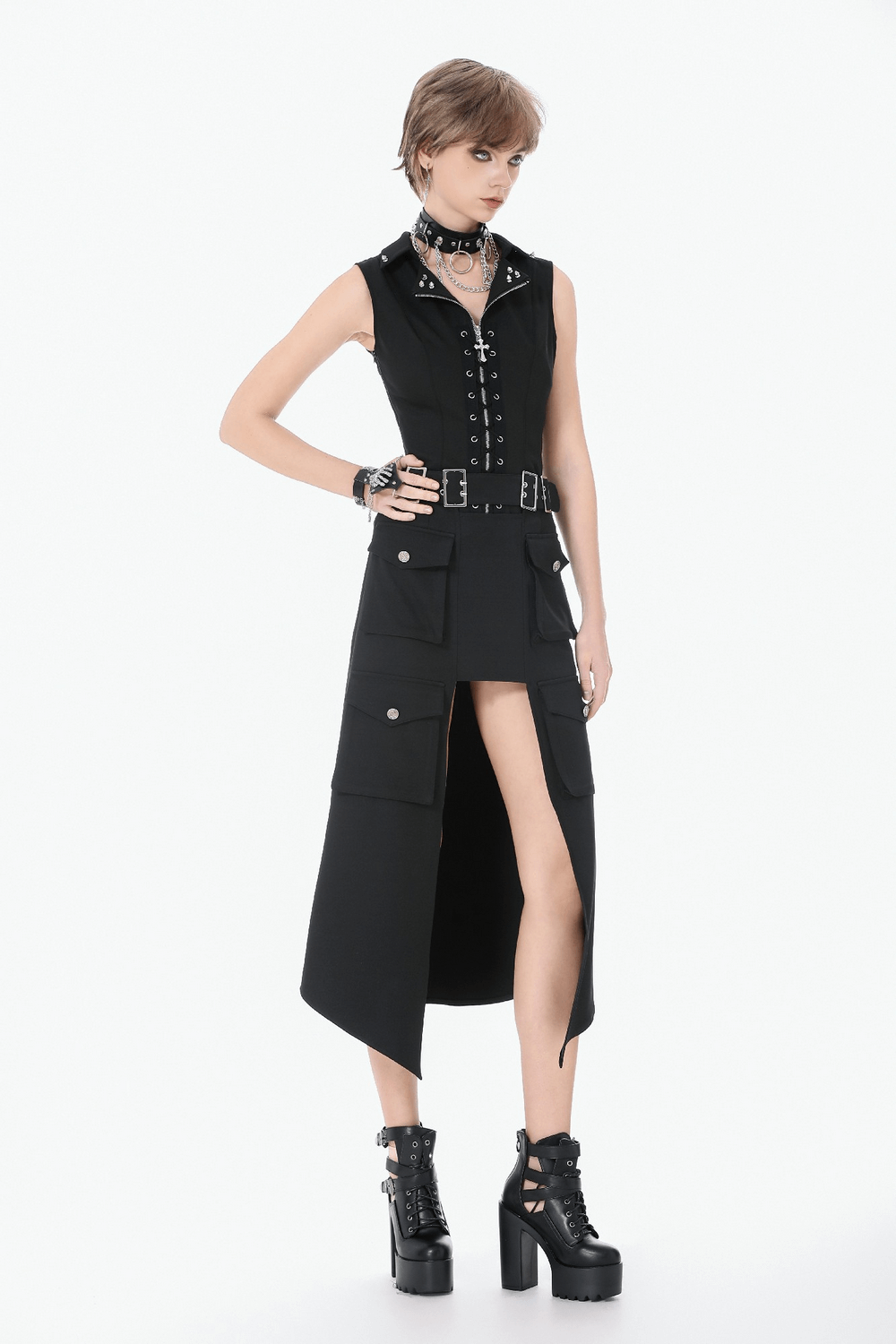 Black Gothic Lace-Up Zipper Vest with Stud Collar