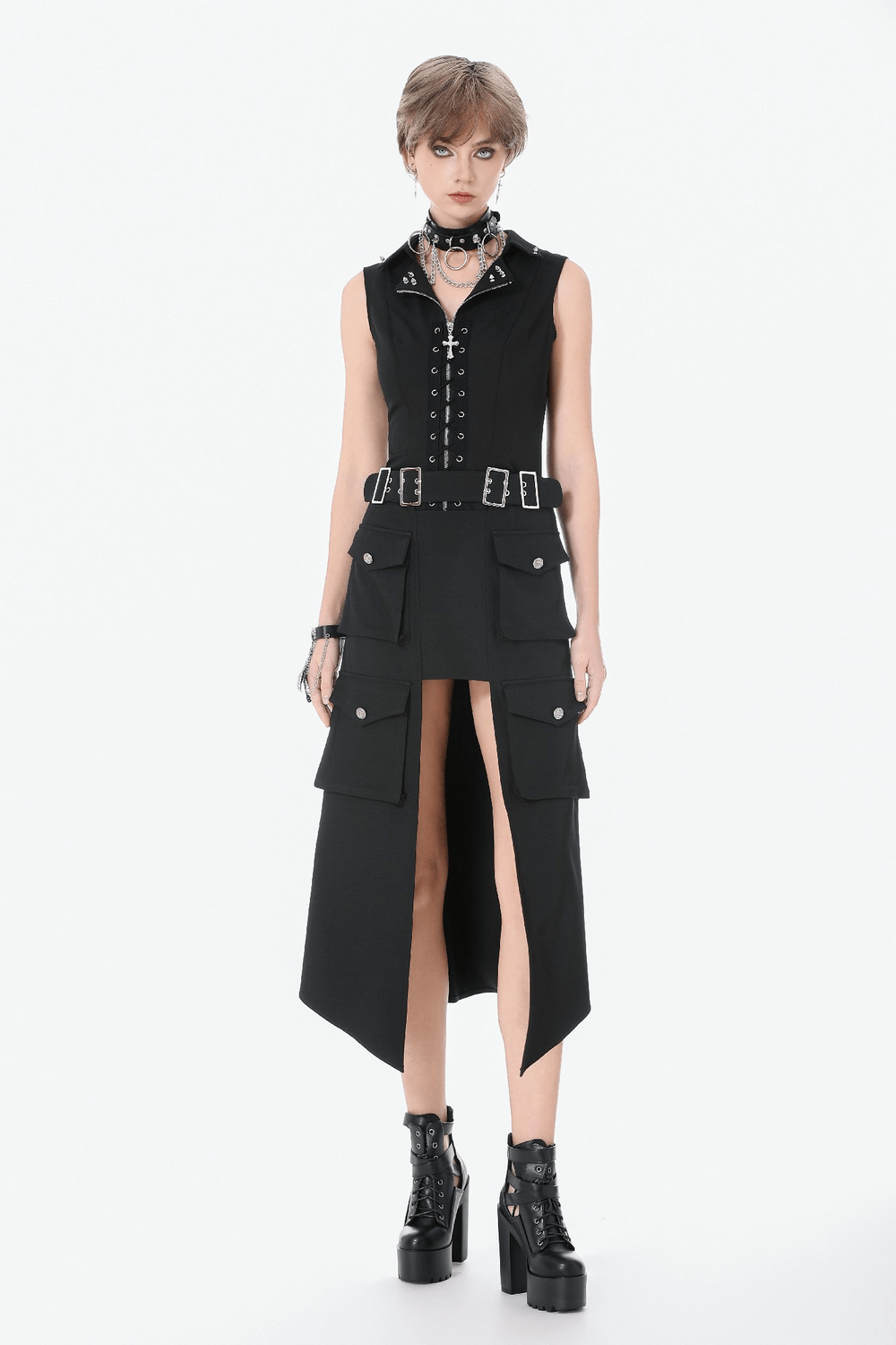 Black Gothic Lace-Up Zipper Vest with Stud Collar
