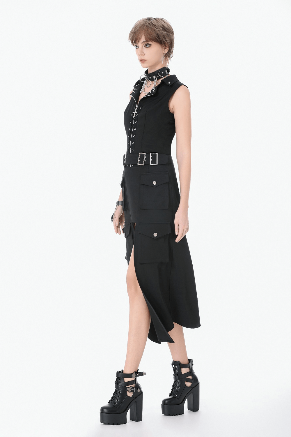 Black Gothic Lace-Up Zipper Vest with Stud Collar