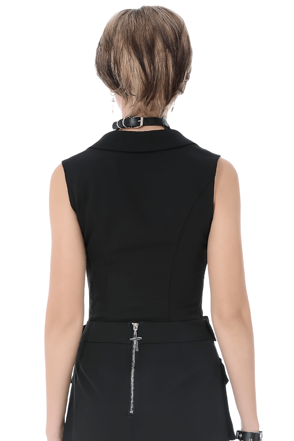 Black Gothic Lace-Up Zipper Vest with Stud Collar