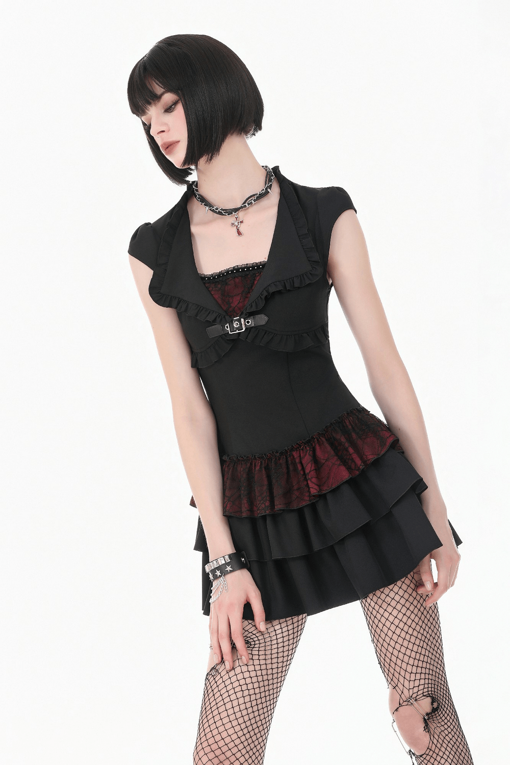 US SALE of Black Gothic Lolita Mini Dress with Ruffled Layers